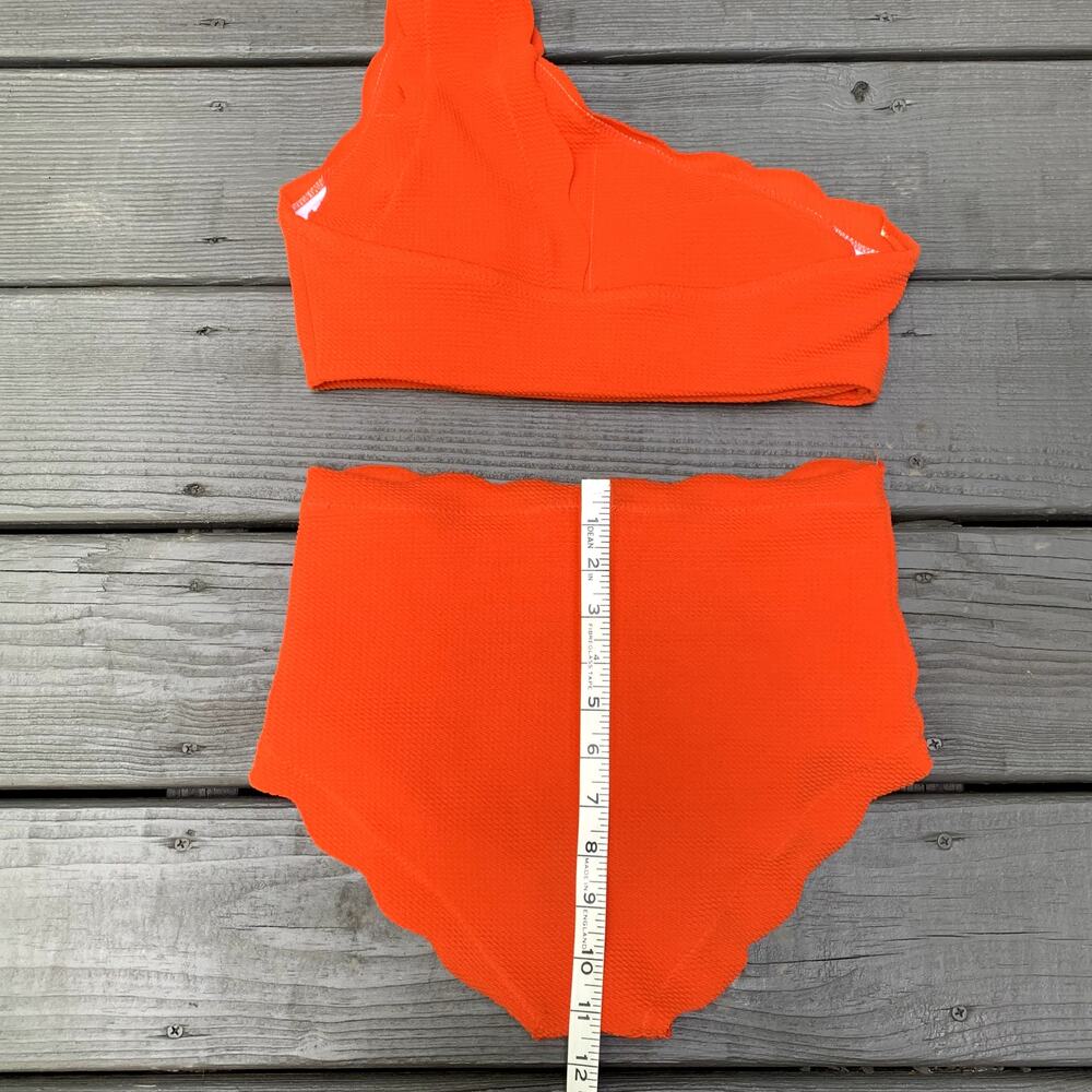 Zaful High Waisted Scalloped One Shoulder Bikini Set - Bright Orange Size 2 - Picture 5 of 11